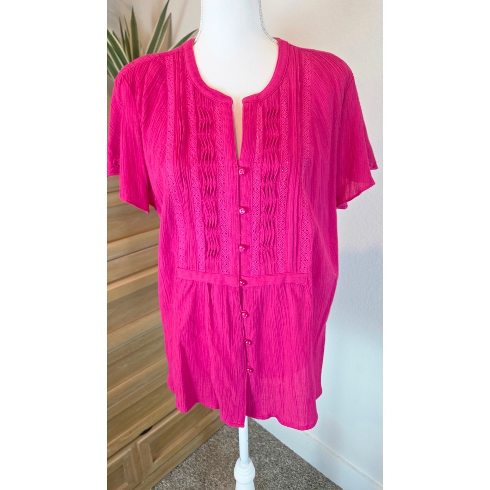 Jones New York Pintuck Gauze Blouse Relaxed‎ Pink Boho Barbiecore Top Large